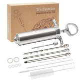 Tri-Sworker meat injector syringe with four needles for versatile marinades