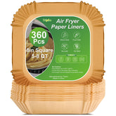 Tripho 360pcs 8-inch square liners in use, keeping air fryer baskets clean and ready.