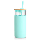 Tronco 20 oz glass tumbler with lid and straw for on-the-go iced drinks.