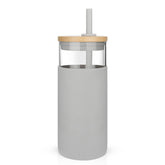 Tronco 20 oz glass tumbler with lid and straw for on-the-go iced coffee.