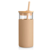 Tronco 20oz glass tumbler with lid and straw for hot or cold drinks.