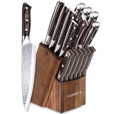 Tudoccy 16-piece knife set displayed with wooden block for organized kitchen prep