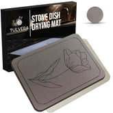 Tulvera Stone Dish Drying Mat on counter with engraved floral design for quick, drip-free drying.