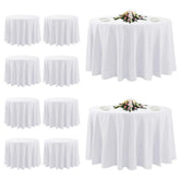 TUOTPE 10-pack white round tablecloths in package, ideal for bulk events.