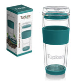 Tupkee 14oz double-wall glass tumbler with cyan lid for hot or cold beverages