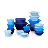 Tupperware Heritage Collection vintage blue nesting bowls with sunburst lids for organized pantry storage.