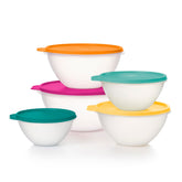 Tupperware Heritage Wonderlier bowls stacked in Fauna colors for space-saving storage