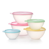 Tupperware Heritage Wonderlier nesting bowls with lids for easy storage and prep.