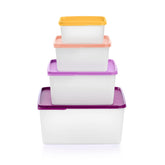 Tupperware Keeptabs four containers with colorful lids for organized fridge storage
