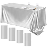 TURSTIN silver satin tablecloth flat lay showing generous 102 x 58 inch coverage