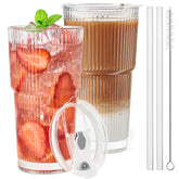 Tuzazo 20oz ribbed glass tumbler with lid for secure, spill-free sipping.
