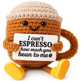 TWPER handmade crochet coffee cup on a desk, a cozy desk companion for coffee lovers