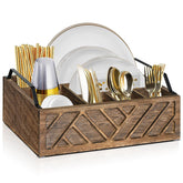 Ukonvi paper plate dispenser with handles on brown wood for easy desktop serving.