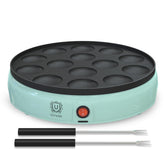 ULTICOR mini pancake maker with 14-hole cavity cooking batter for quick breakfasts.