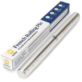 Ultra Cuisine French rolling pin with etched measurements for precise dough thickness.