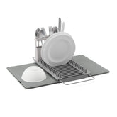 Umbra UDry over-sink dish rack with microfiber mat holding up to 16 plates.