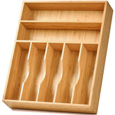 Umilife bamboo drawer organizer shows the 17x13 inch footprint for neat silverware storage.