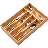 Umilife bamboo drawer organizer keeps utensils neatly sorted in a compact drawer.