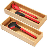 Umilife bamboo utensil organizer with extra-deep compartments for large ladles and spatulas.