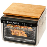 Umilife cutting board on convection-oven-fit feet provides stable support for hot trays.