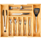 Umilife expandable drawer divider showing 2.5 inch height for extra utensil storage