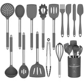Umite Chef 15-piece utensil set in gray on counter for nonstick cookware