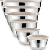 Umite Chef six-piece khaki nesting bowls designed for compact storage.