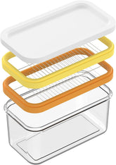 UNIVIVO butter slicer cutter in dish, front view, shows precise portions.