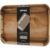 Upper Acacia Wood Ottoman Tray with handles for easy serving on a coffee table.