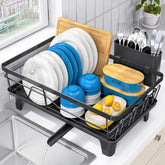 Urackify dish drainer showing large capacity for plates and bowls, ideal for busy kitchens.
