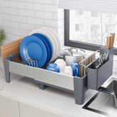 Urackify expandable rack extended view showing increased capacity for plates and bowls
