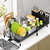 Urackify expandable dish drying rack extended length on counter, showing extra drying space