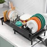 Urackify extendable dish rack showing width from 16.93 to 26.57 inches for flexible sink fit and drying space.