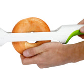 Urban Trend Hometown Bagel Knife in use, safely slicing a bagel