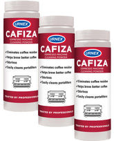 Urnex Cafiza cleans espresso group heads for consistent extraction.