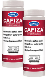 Urnex Cafiza professional cleaner powder, front packaging, supports daily maintenance by removing oils