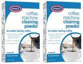 Urnex Cleancaf powder packaging shown for home use removes coffee oils