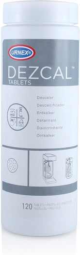 Urnex Dezcal descaling tablets in package for easy, effective machine maintenance.