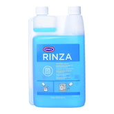 Urnex Rinza alkaline cleaner bottle with dual chamber for easy frother cleaning.
