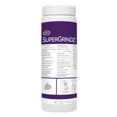 Urnex SuperGrindz bottle front view showing gluten-free, all-natural grinder cleaner benefits.