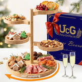 UTCG tiered charcuterie board with bamboo base and 360° rotation for quick access
