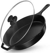 Utopia Kitchen 12-inch cast iron skillet top view highlighting even heat for searing