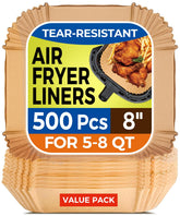 Vailnd 8-inch square liner shows bottom width for mess-free air frying.