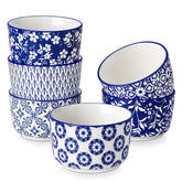 Vancasso Selene 6oz ramekins with blue floral glaze, ideal for dips and desserts.