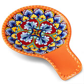 Vancasso spoon rest with orange boho design keeps spoons tidy on the counter.