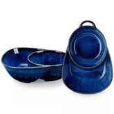 Vancasso Starry chip and dip bowl blue front view shows divided sections for separate dips.