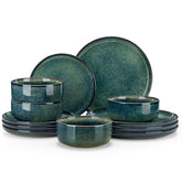 Vancasso Starry dinner plates in green reactive glaze, shown stacked for easy storage.