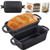 Vanderlume cast iron loaf pan with lid on, even heat for crisp crusts.