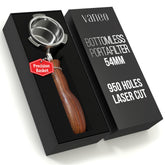 Vaneo 54mm bottomless portafilter with 18-21g basket enables deeper flavor extraction