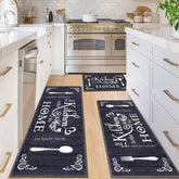 Vaukki Boho Kitchen Rug Set front view with three black mats, soft fabric feel